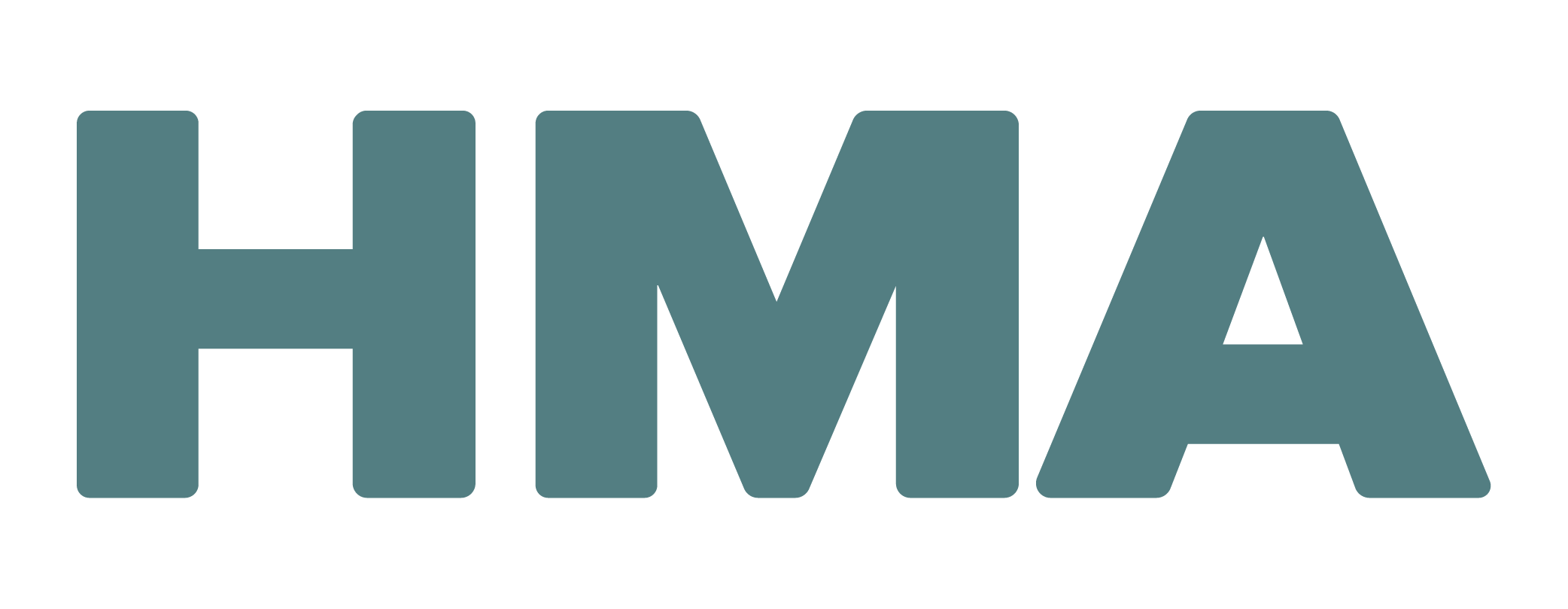 Logo for “HMA” features large, bold, uppercase teal letters on a transparent background. The clean, simple design suggests branding or promotional use.