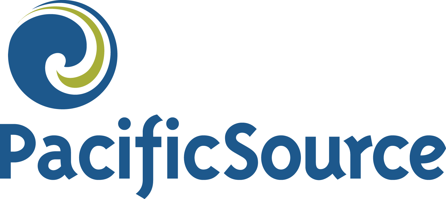 Logo for PacificSource features a blue and green swirl graphic followed by the name in bold blue font. The transparent background suggests versatile use across digital and print media.