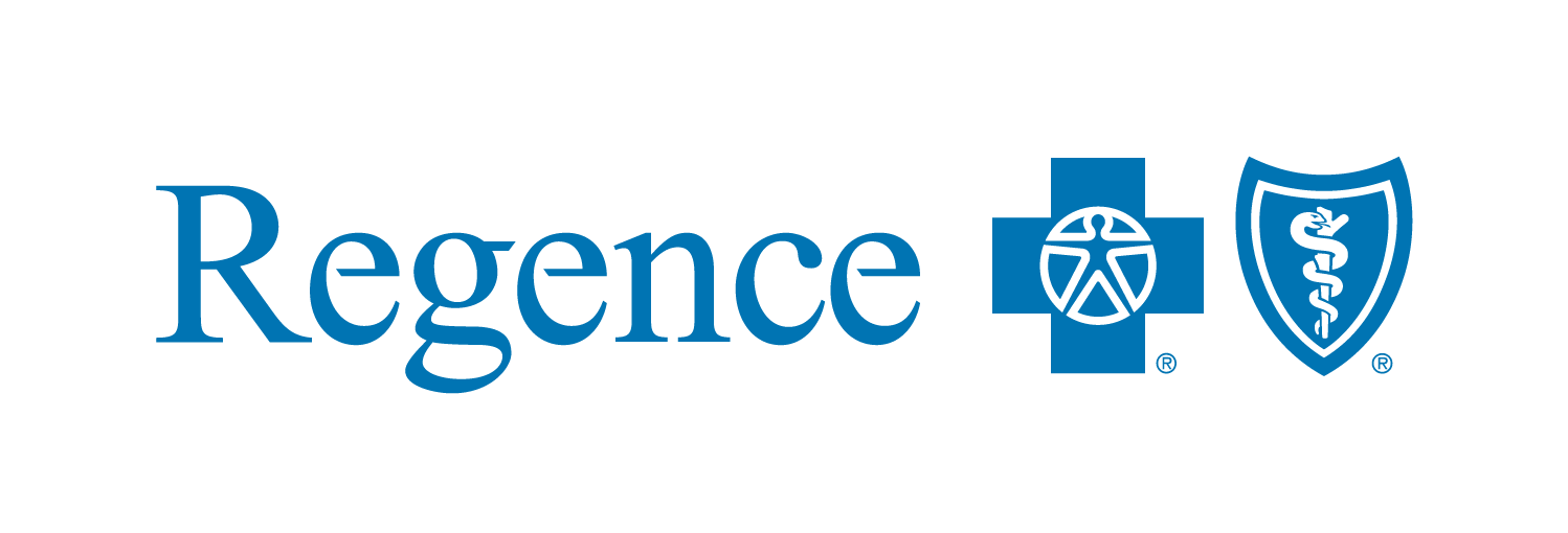 Logo for Regence features the name in blue serif font followed by a blue cross with a human figure and a blue shield with a caduceus symbol. The design represents affiliation with Blue Cross Blue Shield and conveys healthcare branding.